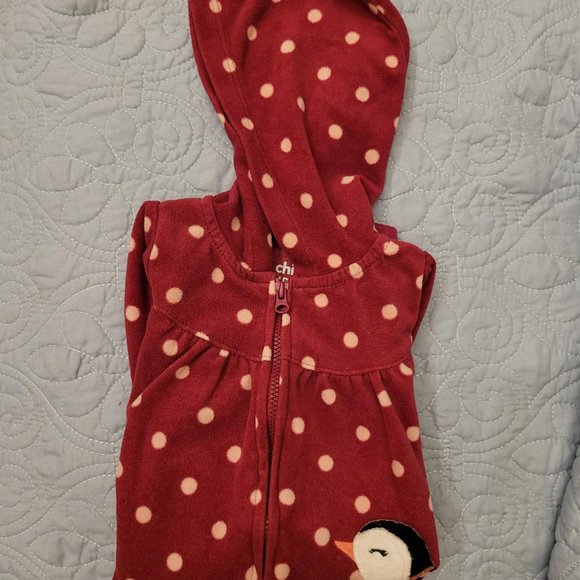 Carters 3-6 M Mulberry-Colored Fleece w Pink Polka Dots & Penguin Applique - Picture 7 of 9